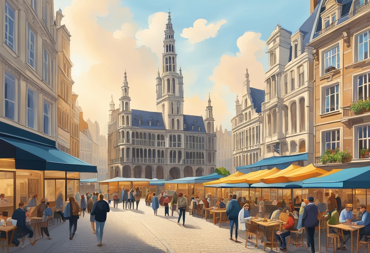 A bustling city square in Brussels, with iconic architecture and vibrant street life. The scene is filled with people, outdoor cafes, and historic buildings