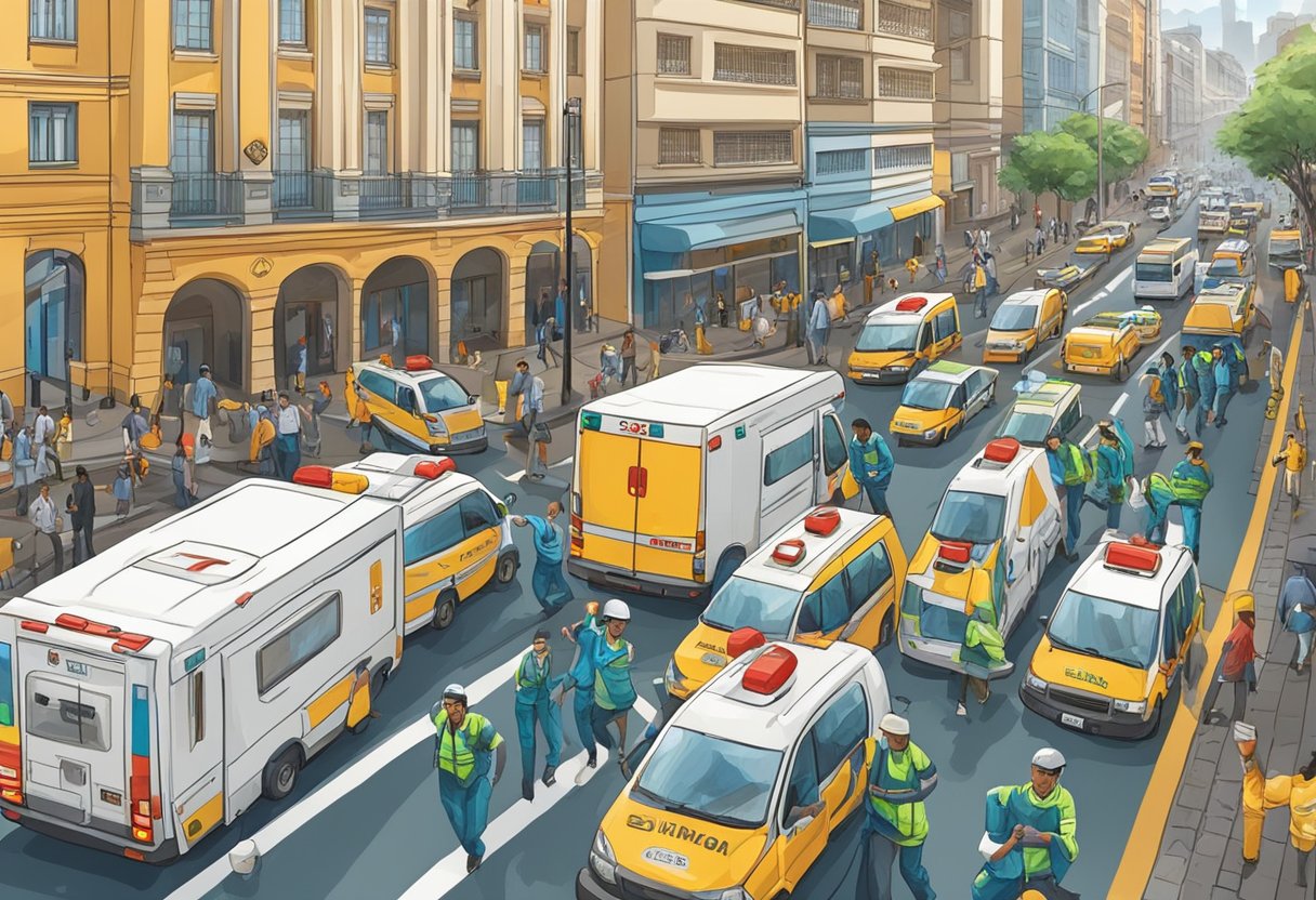 Emergências Médicas Curitiba: Guia de Serviços de Urgência e Atendimento 3 A busy street in Curitiba, with ambulances and medical personnel rushing to respond to emergencies