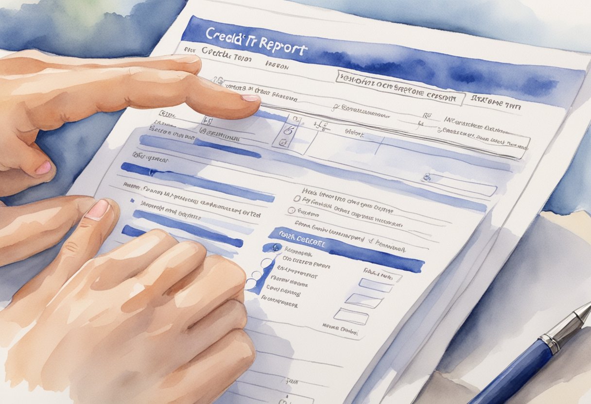 A person reviewing a credit report, with a low score circled in red and a checklist of steps to improve it