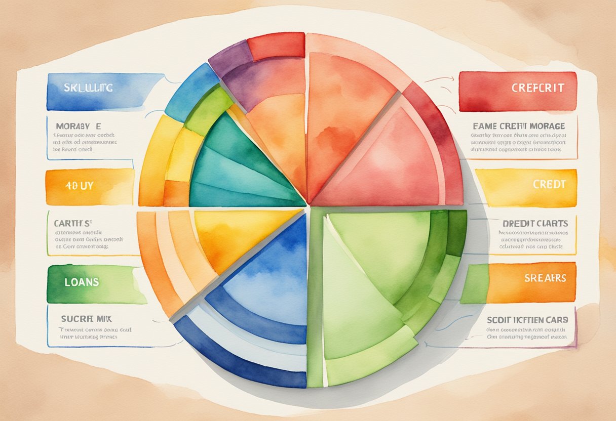 A colorful pie chart with sections representing different types of credit (e.g. mortgage, credit cards, loans) to illustrate diversifying credit mix for repairing credit score quickly