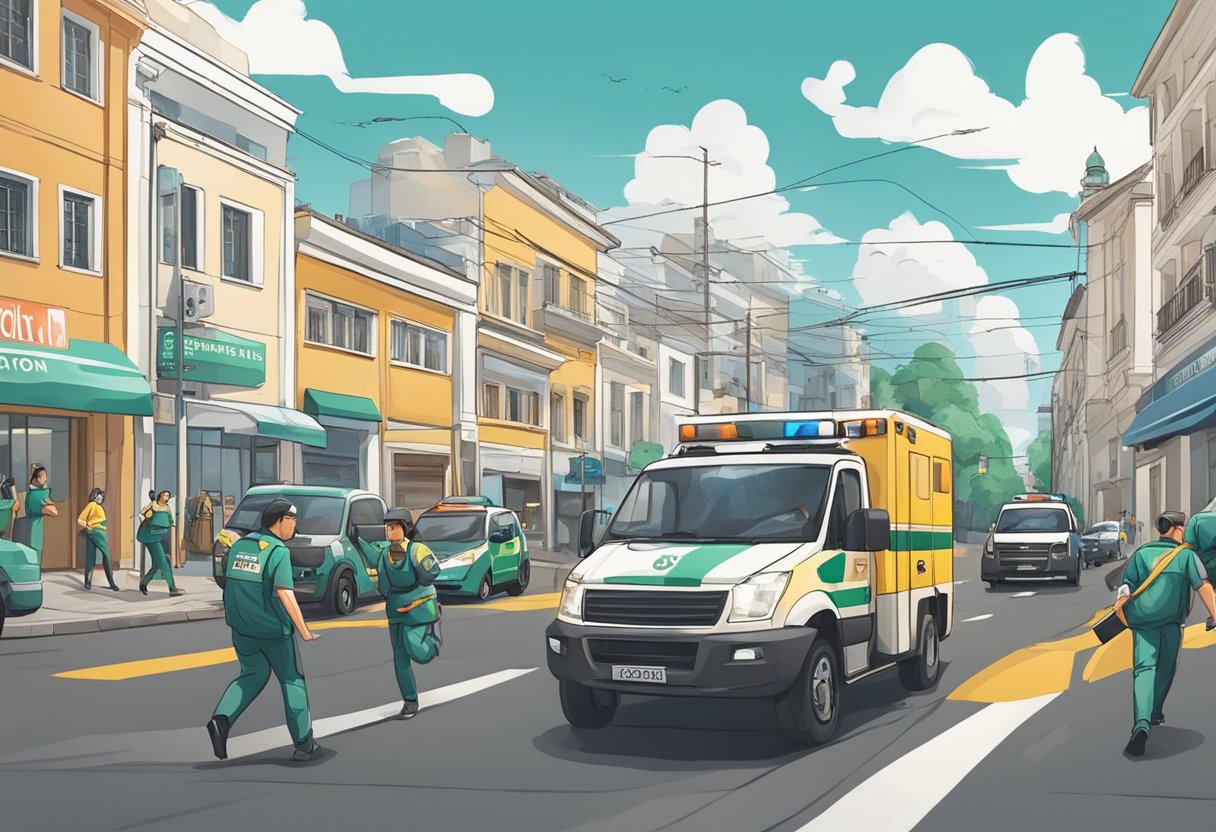 Emergências Médicas Curitiba: Guia de Serviços de Urgência e Atendimento 7 A medical team rushes through the streets of Curitiba, responding to emergency calls. Sirens blare as they navigate through traffic, ready to provide life-saving care