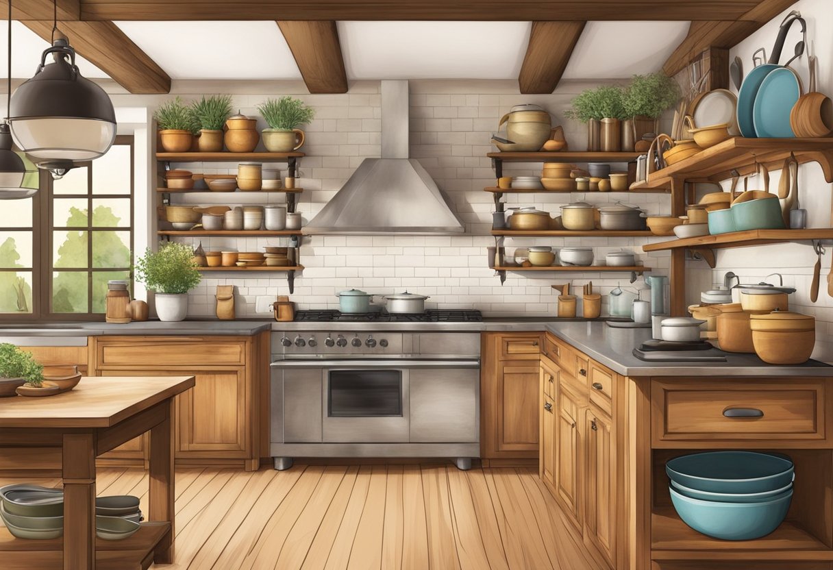 A rustic farmhouse kitchen with wooden shelves displaying a variety of cookware and decorative items. Warm, earthy colors dominate the space, with pops of vibrant hues adding visual interest