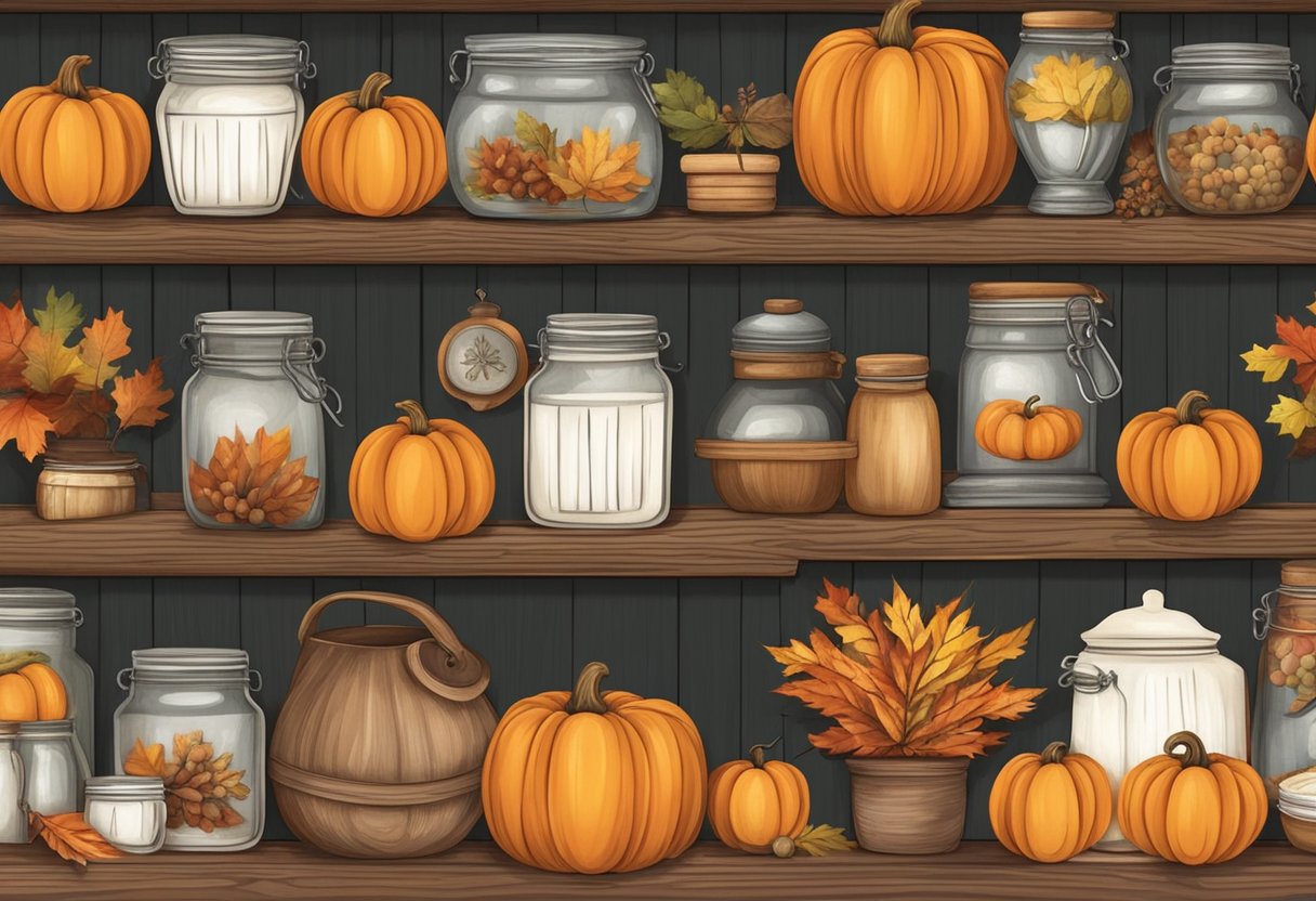 Farmhouse kitchen shelves adorned with seasonal decorations and themes. Rustic wooden shelves hold jars of spices, vintage kitchen tools, and seasonal accents like pumpkins, gourds, and autumn foliage