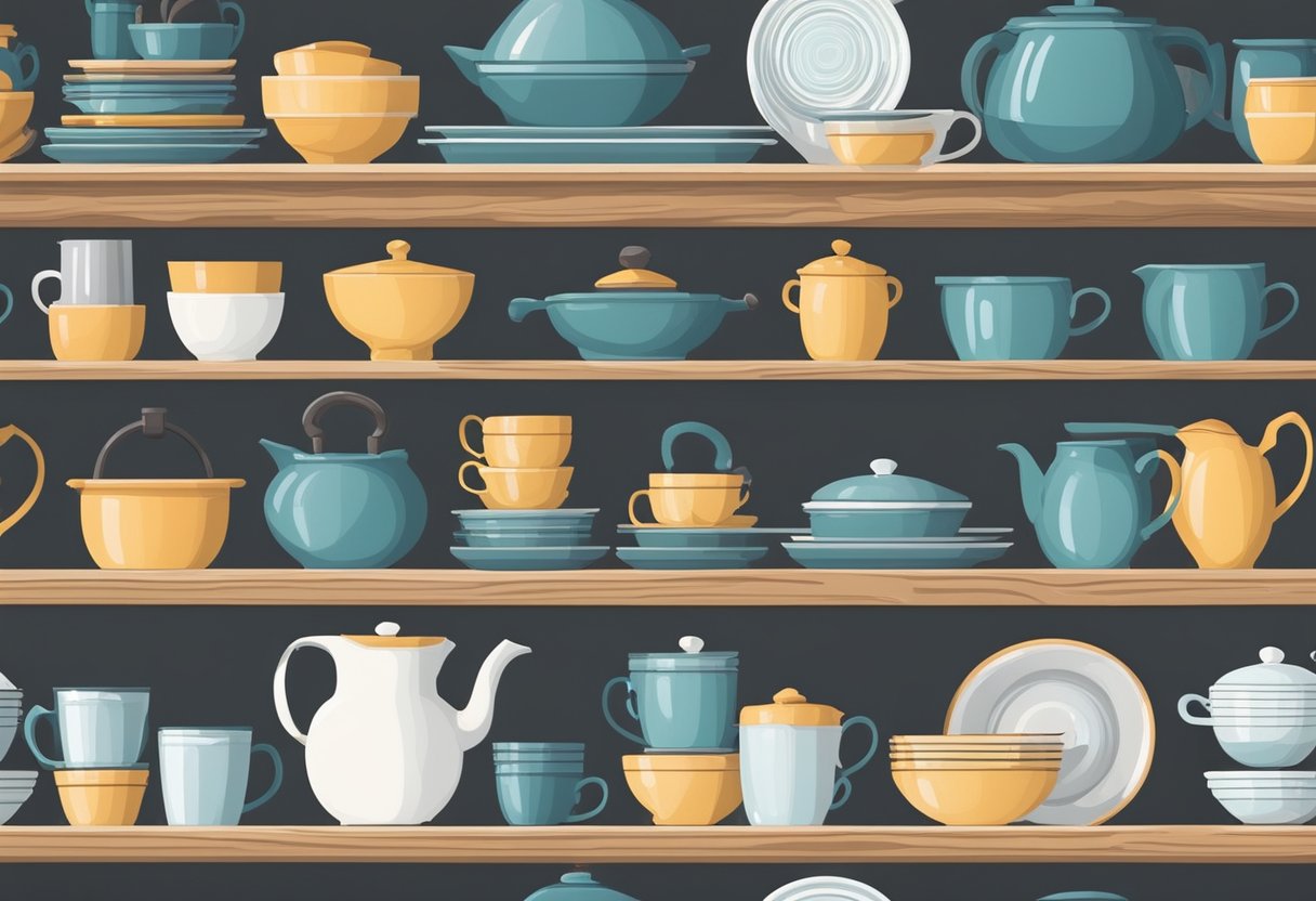 Kitchenware and dinnerware neatly arranged on rustic farmhouse shelves. Various pots, pans, plates, and mugs displayed in an organized and aesthetically pleasing manner