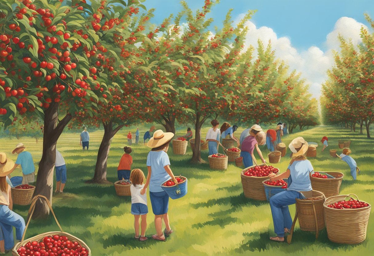 Lush cherry trees in rows, ripe red fruit hanging from branches, blue skies overhead, and families picking cherries into baskets at a farm near South Haven, Michigan
