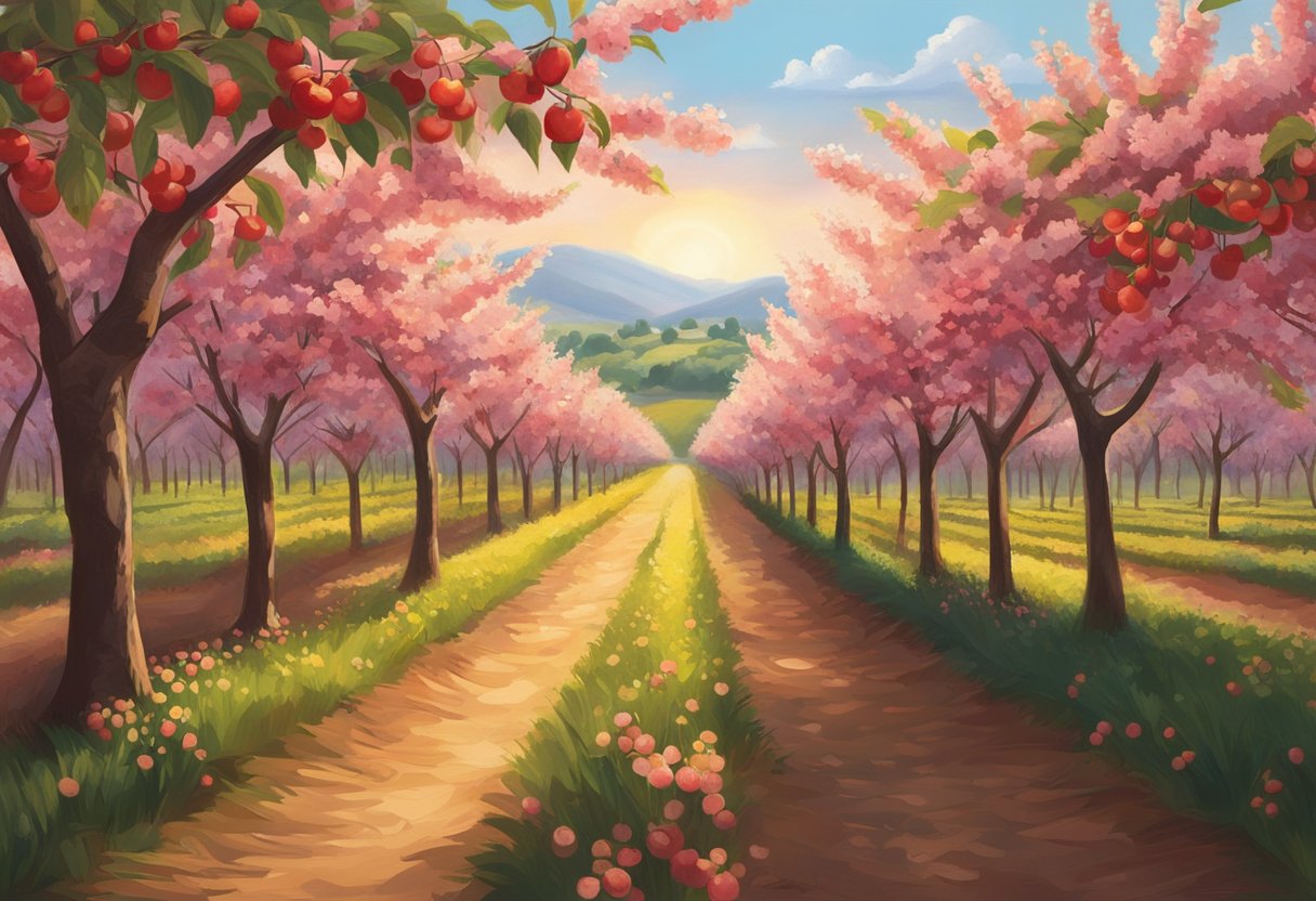 Lush cherry trees stretch across the horizon, their branches heavy with ripe, red fruit. The sun casts a warm glow over the rolling fields, inviting visitors to pluck the juiciest cherries at The Best Pick Your Own Farms near St