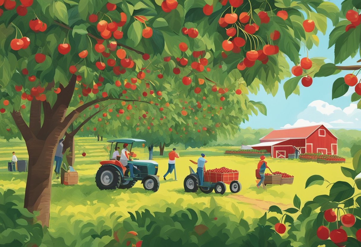 People picking cherries in a sunny U-Pick farm in Michigan, surrounded by lush green trees and bright red fruit