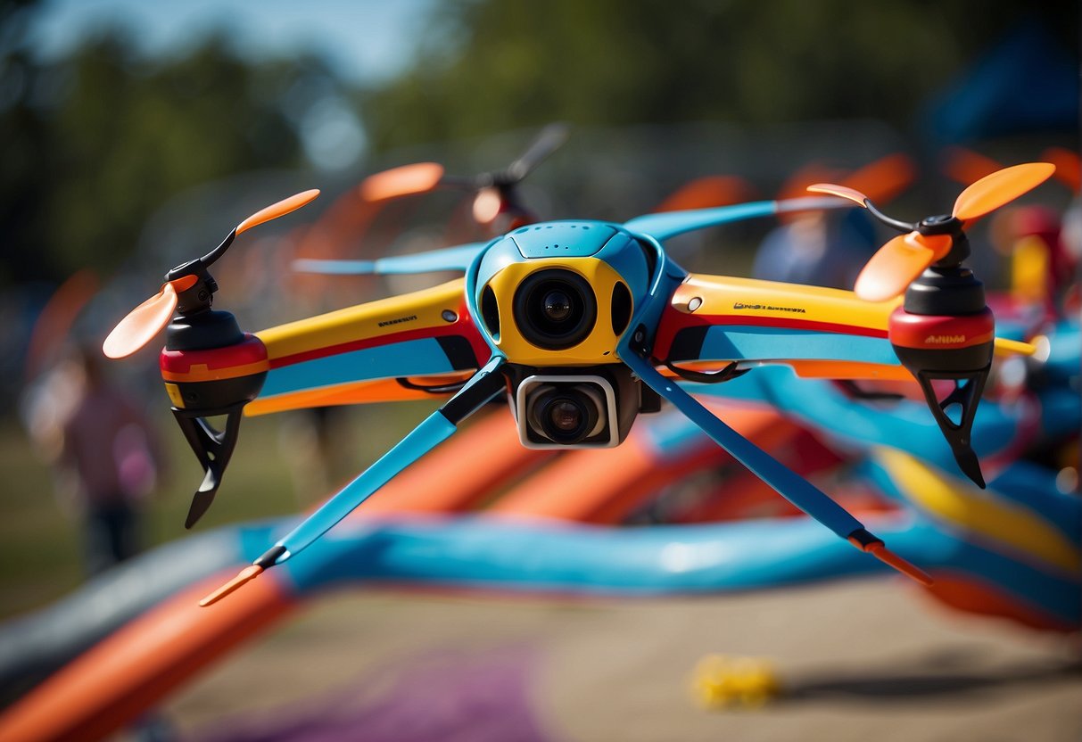 Colorful race drones zoom through a twisting obstacle course, their propellers whirring as they maneuver through hoops and around flags