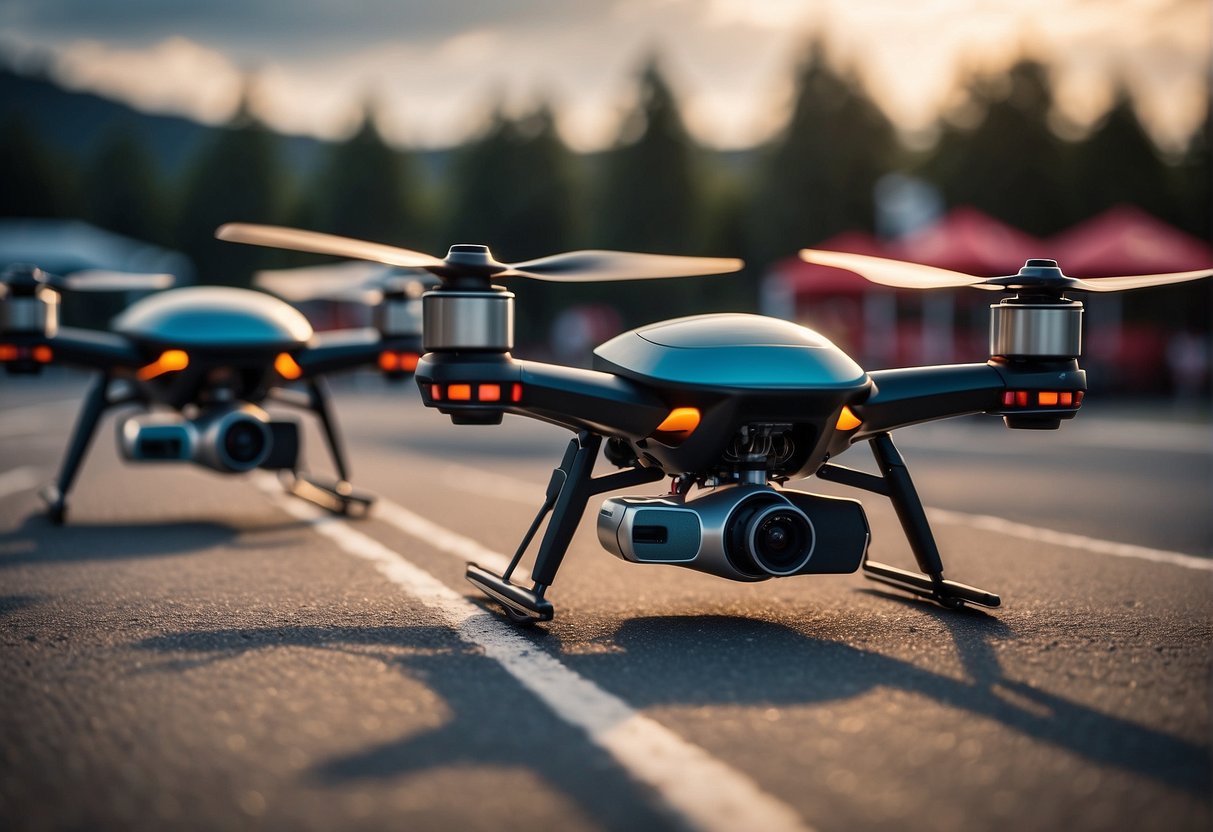 A group of racing drones lined up on a starting grid, propellers spinning, ready to take off. Bright colors and sleek designs distinguish each drone
