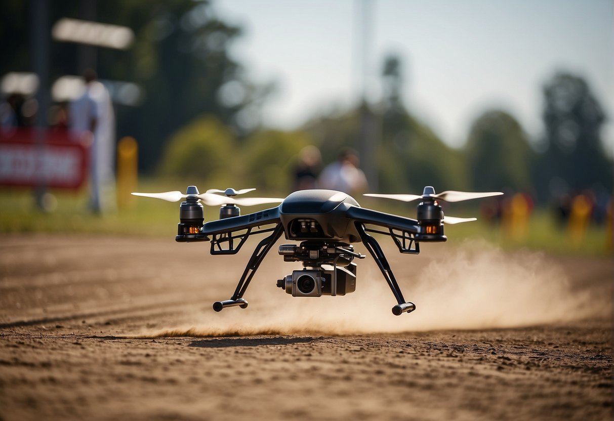 Race drones zoom around obstacles, weaving through gates and performing aerial stunts in a high-speed, adrenaline-fueled competition