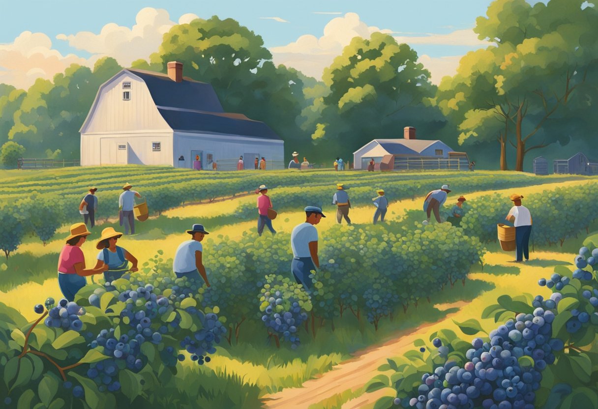 Lush blueberry bushes surround eager pickers at a bustling farm near Chicago. The sun casts a warm glow on the ripe berries, creating a picturesque scene for an illustrator to recreate
