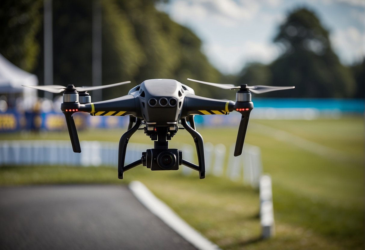 Drones zoom through marked course with safety barriers and regulations in place for competitive racing