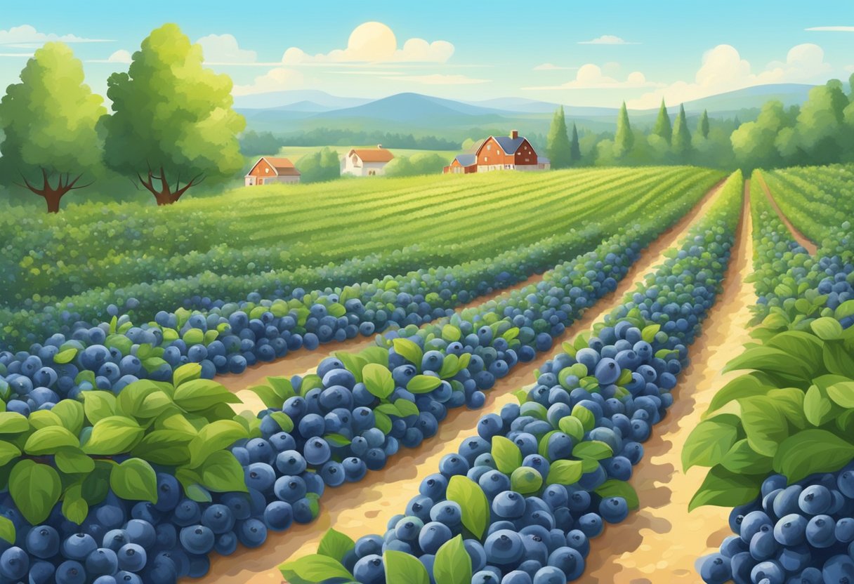 Lush blueberry bushes in neat rows, ripe fruit glistening in the sun. Families and friends wander the fields, filling baskets with plump berries
