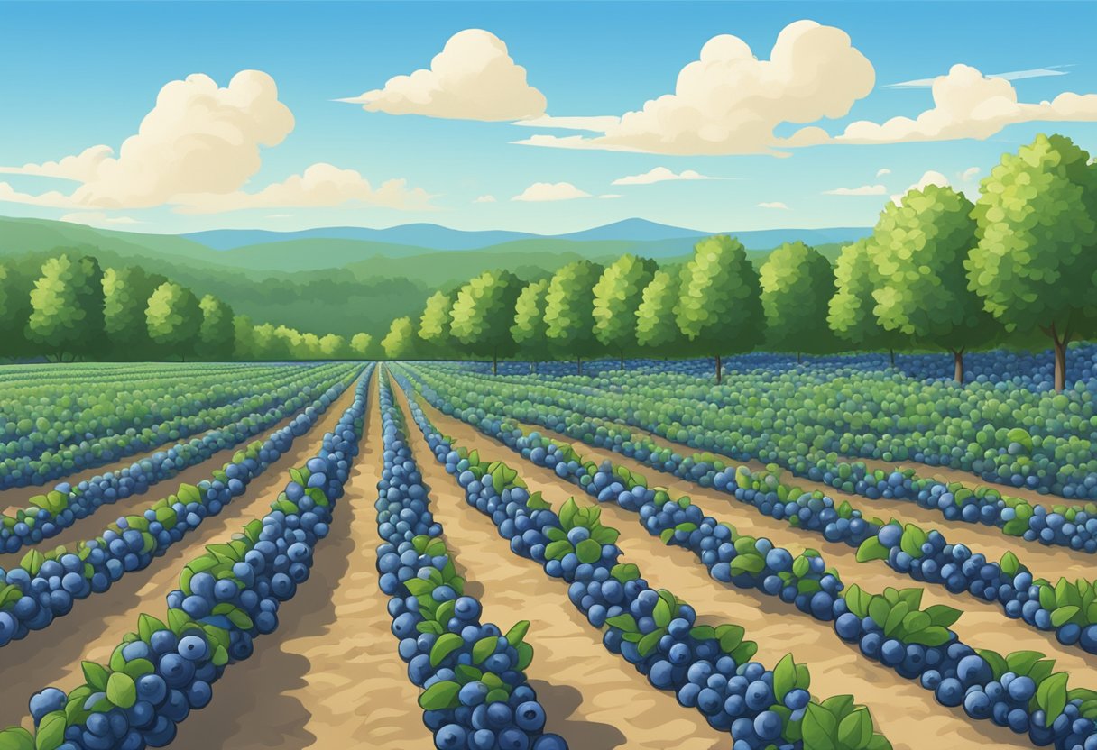 A lush blueberry field in Geneva, NY, with rows of bushes and a clear sky, perfect for a day of picking