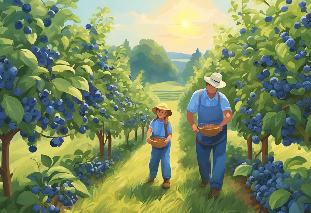 Lush blueberry bushes in rows, ripe berries glistening in the sun. Families picking fruit in a scenic countryside setting near Harrisburg, PA