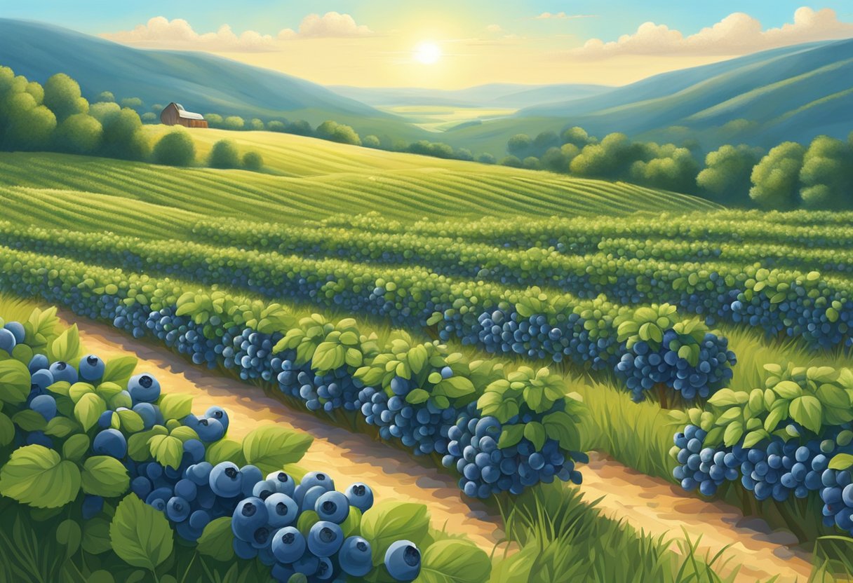 Lush blueberry bushes in rows, ripe fruit glistening in the sun, with a backdrop of rolling hills and a clear blue sky