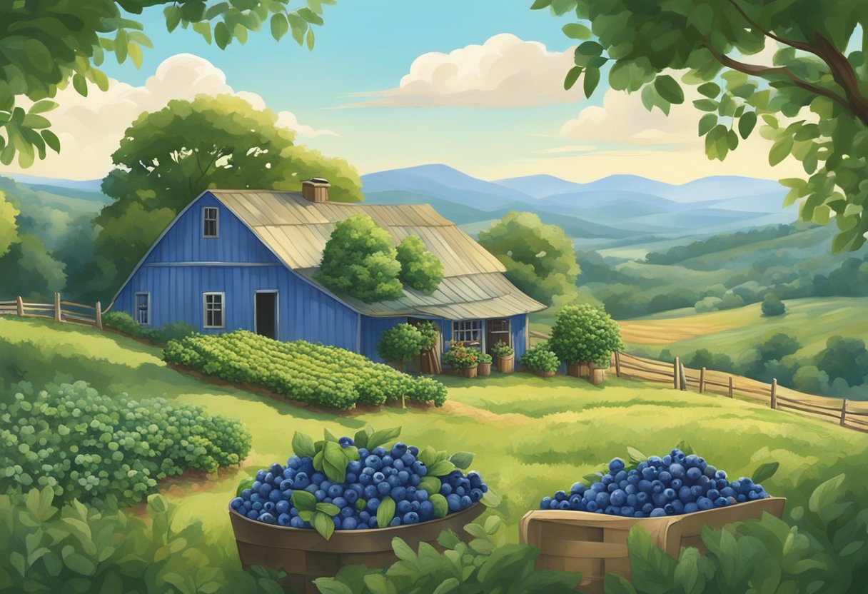 Lush green bushes heavy with ripe blueberries, under a bright blue sky, surrounded by rolling hills and a quaint farm stand