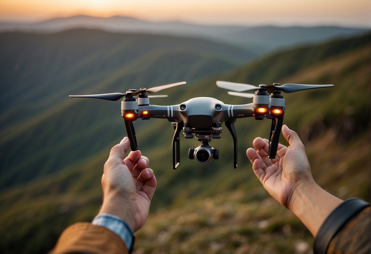 A drone hovers mid-air, propellers spinning, as a hand adjusts the remote control. The landscape below is visible through the drone's camera feed