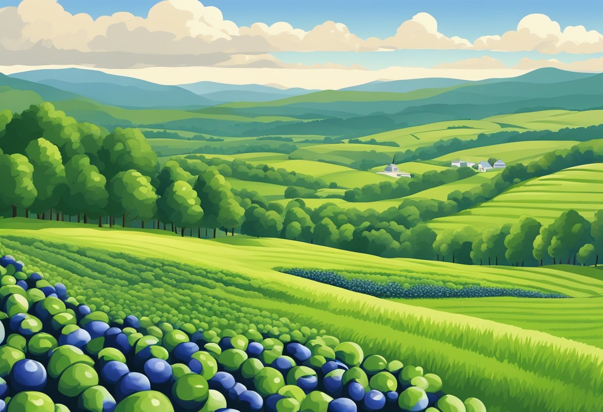 Lush green fields with rows of ripe blueberry bushes, set against the backdrop of rolling hills near Hillsborough, NH
