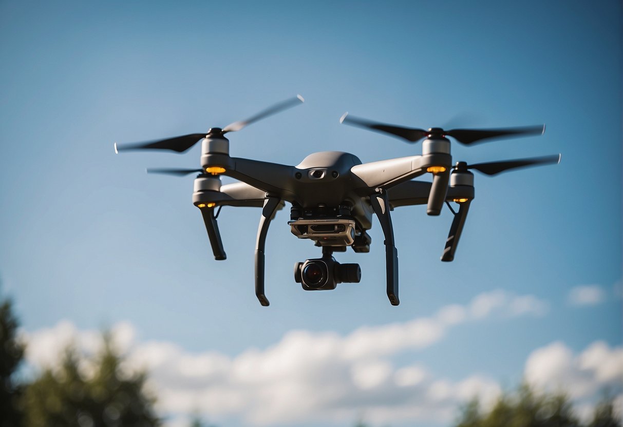 A drone hovers mid-air, propellers spinning, against a clear blue sky. A remote control is held in the background, guiding its movements