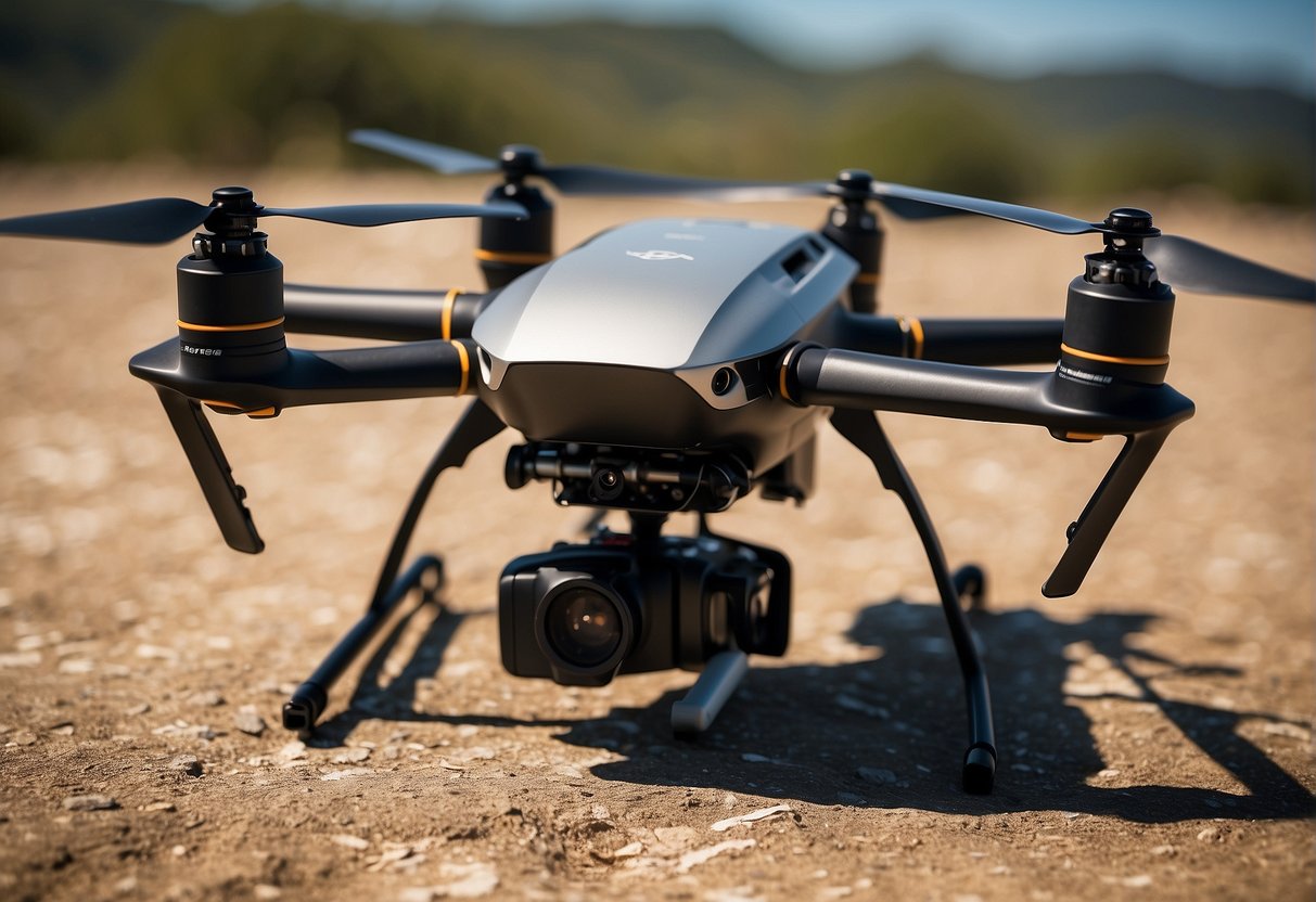 A drone sits on a flat surface, propellers ready for takeoff. A pilot adjusts the controller, checking the battery and GPS signal before launching