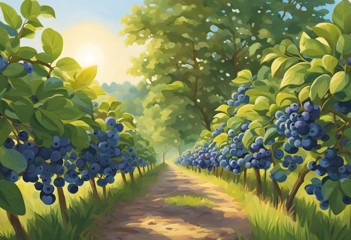 Lush blueberry bushes fill the landscape at Best Pick Your Own Farms near Holland, ripe for the picking. The sun shines down on the rows of vibrant blueberries, creating a picturesque scene for an illustrator to recreate