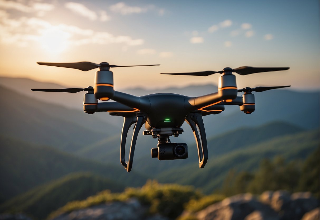 A drone hovers mid-air, navigating through obstacles with precision. The pilot's hands manipulate the controller, while the drone's propellers spin rapidly