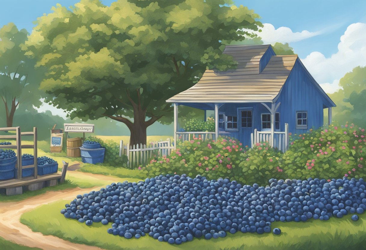 Lush blueberry bushes surround a quaint farm stand, with a sign welcoming visitors to pick their own. A clear blue sky and gentle breeze set the scene for a peaceful day of berry picking near Houston