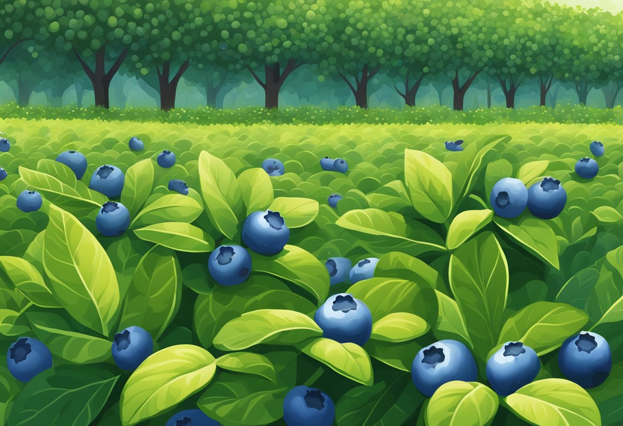 Vibrant blueberry bushes in neatly organized rows, ripe fruit glistening in the sunlight, surrounded by lush greenery