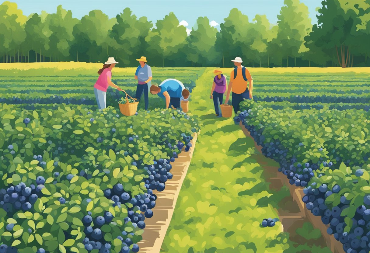 People picking blueberries in a sunny Michigan U-Pick farm. Bushes heavy with ripe fruit, surrounded by lush greenery