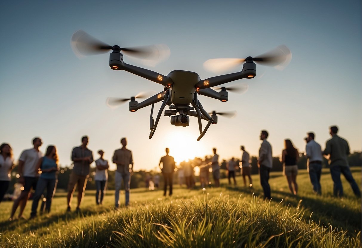 A drone hovers over a grassy field, surrounded by excited onlookers. The bright sun illuminates the sleek, metallic body as it prepares to launch into the air