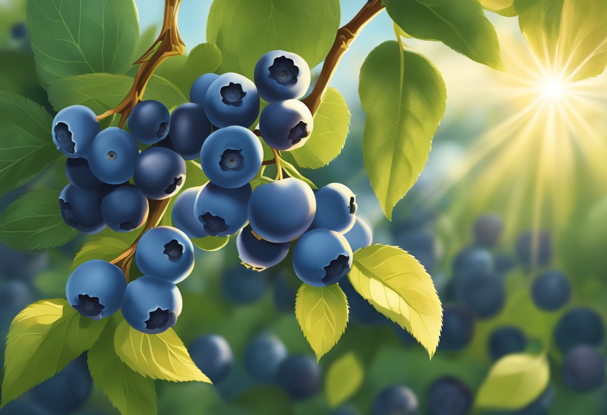 Sunlight filters through lush blueberry bushes at Best Pick Your Own Farms near Lafayette, LA. Ripe berries glisten in the warm glow, ready for picking
