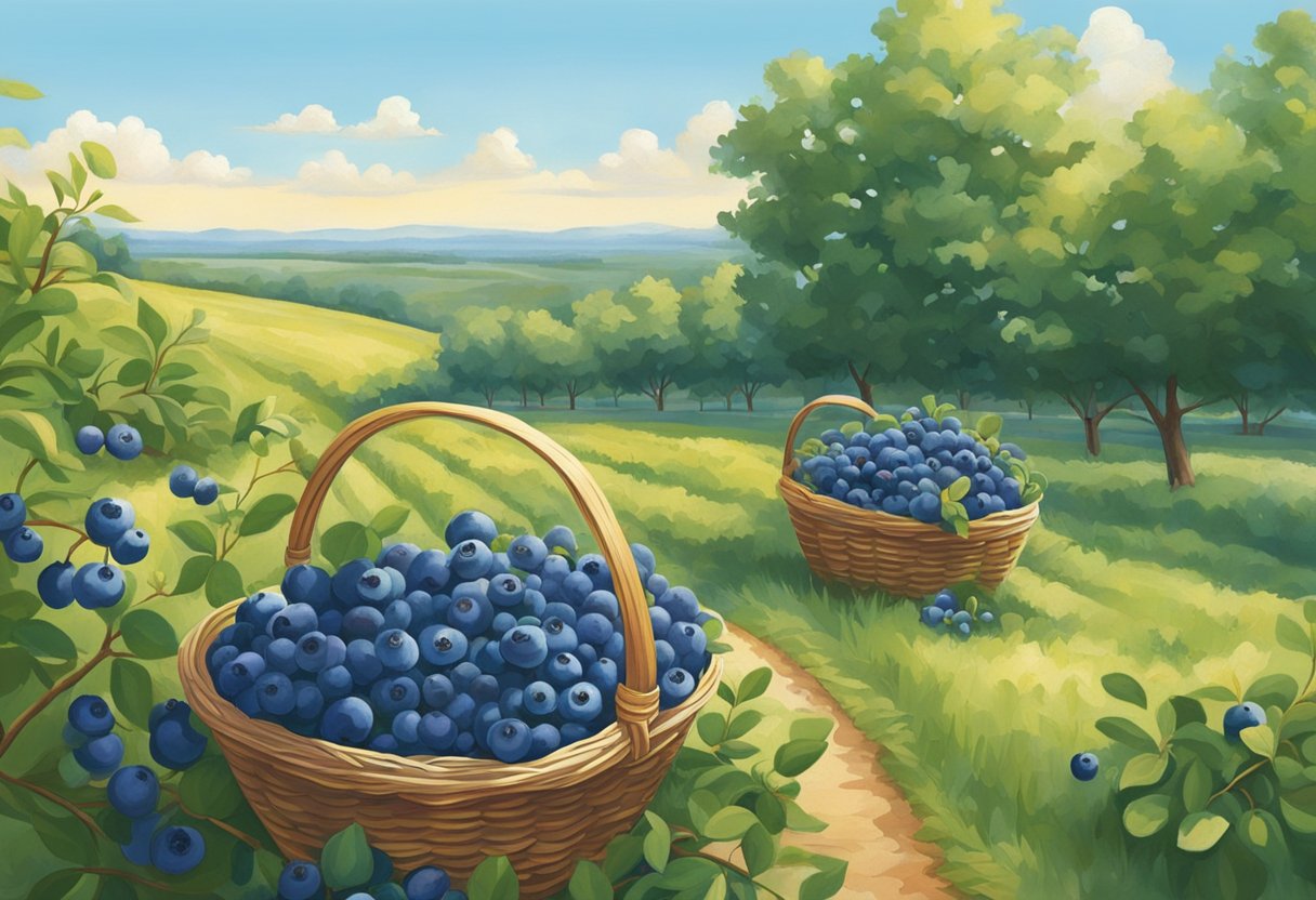 Lush blueberry bushes stretch across the sprawling fields, ripe berries glistening in the sunlight. A gentle breeze rustles the leaves as families and friends fill their baskets with the sweet, juicy fruit