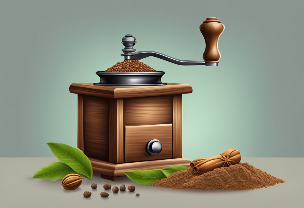 A wooden spice grinder filled with whole nutmeg and mace seeds, surrounded by aromatic powder and fragrant spice leaves