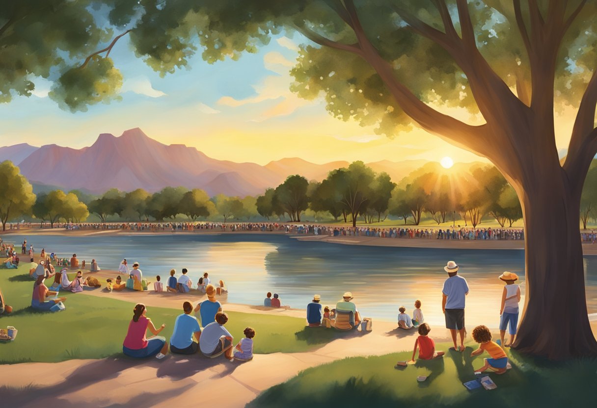 The sun sets behind the Colorado River, casting a warm glow over the crowded park. Families gather for a Memorial Day picnic, while children play in the grass and veterans share stories under the shade of the trees