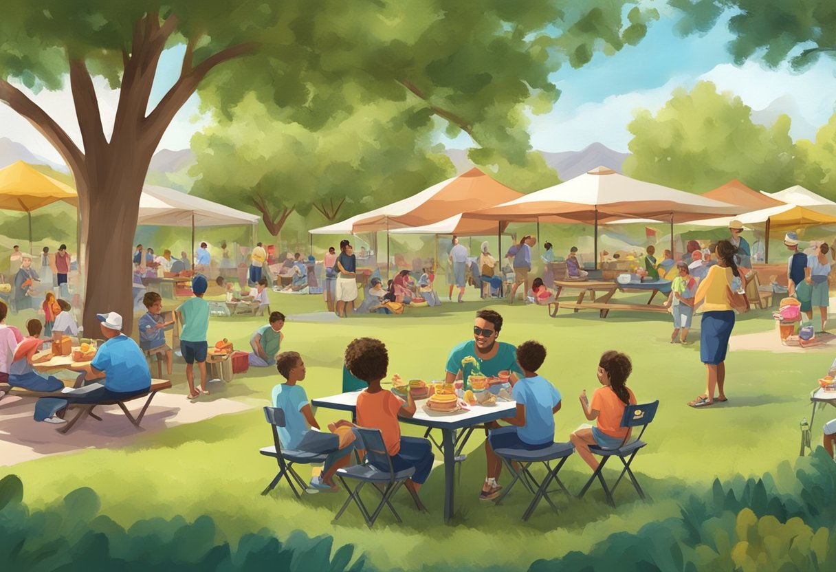 Families enjoying a picnic in a vibrant community park on Memorial Day 2024 in Bullhead City, with children playing, food being shared, and a festive atmosphere