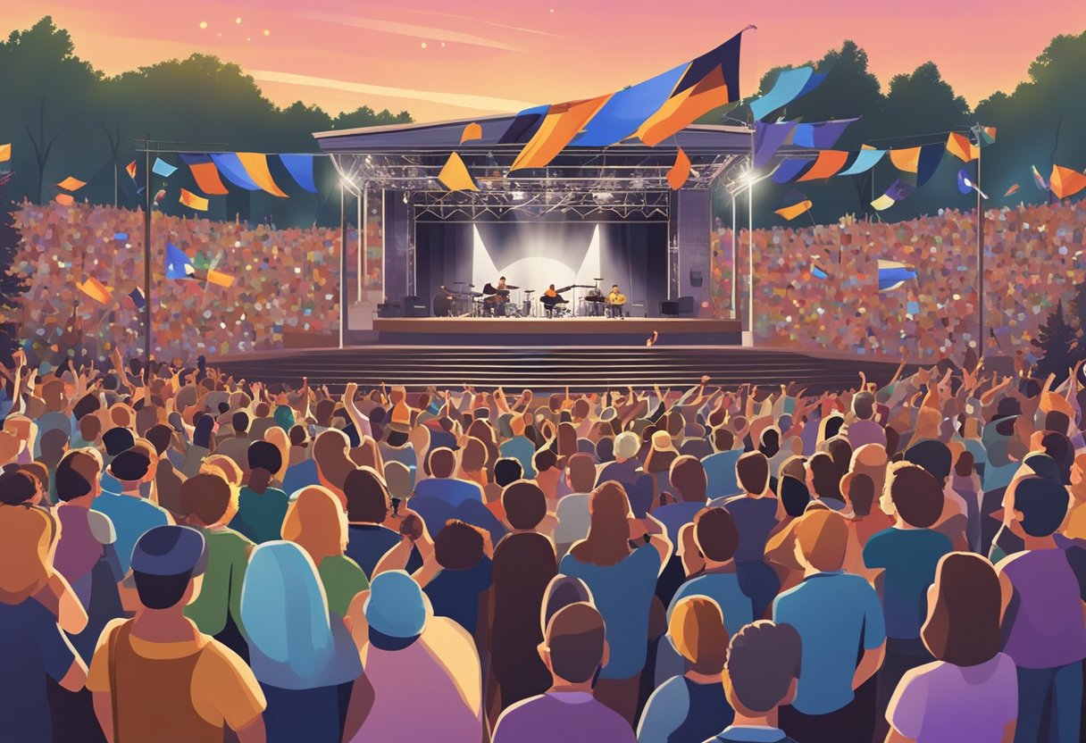 Crowds fill the outdoor amphitheater, waving flags and singing along to live music. The stage is illuminated with colorful lights, and the sound of guitars and drums fills the air