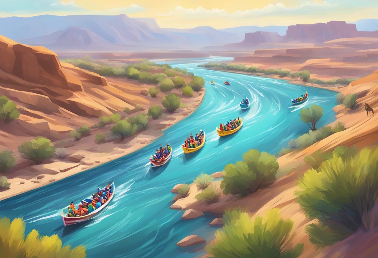 Colorful boats race down the Colorado River, spectators line the banks, cheering. Banners flutter in the breeze, music fills the air. A festive atmosphere