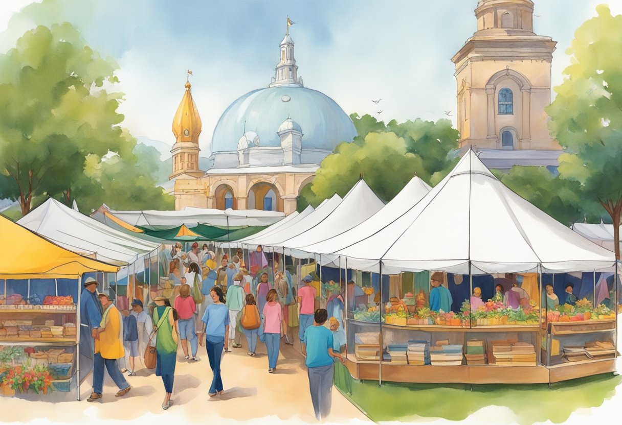 Vibrant tents line the bustling fairgrounds, showcasing handmade crafts and art. Visitors browse the colorful displays, while live music and food vendors add to the festive atmosphere