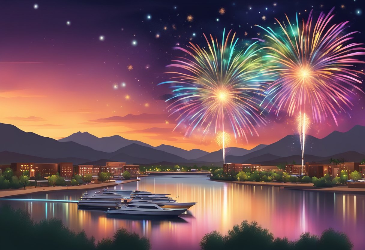 Colorful fireworks light up the night sky over Bullhead City, illuminating the river and creating a dazzling display for Memorial Day 2024