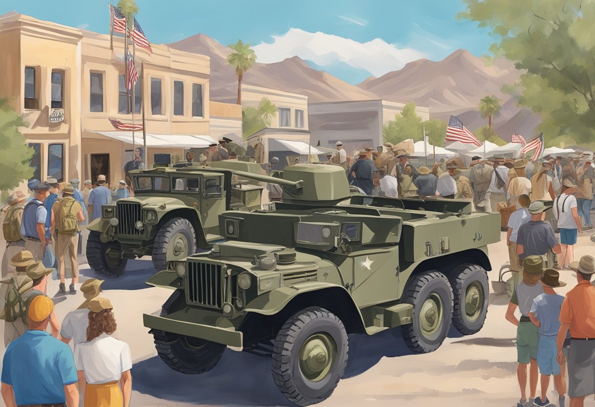 Crowds gather around vintage military vehicles and artifacts at the historical exhibits event in Bullhead City on Memorial Day 2024