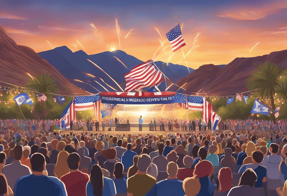 The sun sets behind the Colorado River as fireworks light up the sky. A stage is adorned with flags and banners, while a large crowd gathers to watch the closing ceremony events on Memorial Day 2024 in Bullhead City