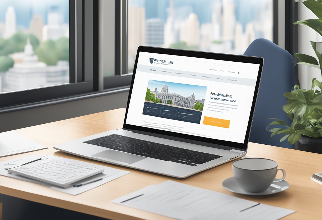 A laptop with a sleek, modern design sits on a desk, displaying a professional law firm website. The website features clear navigation, engaging content, and a polished logo