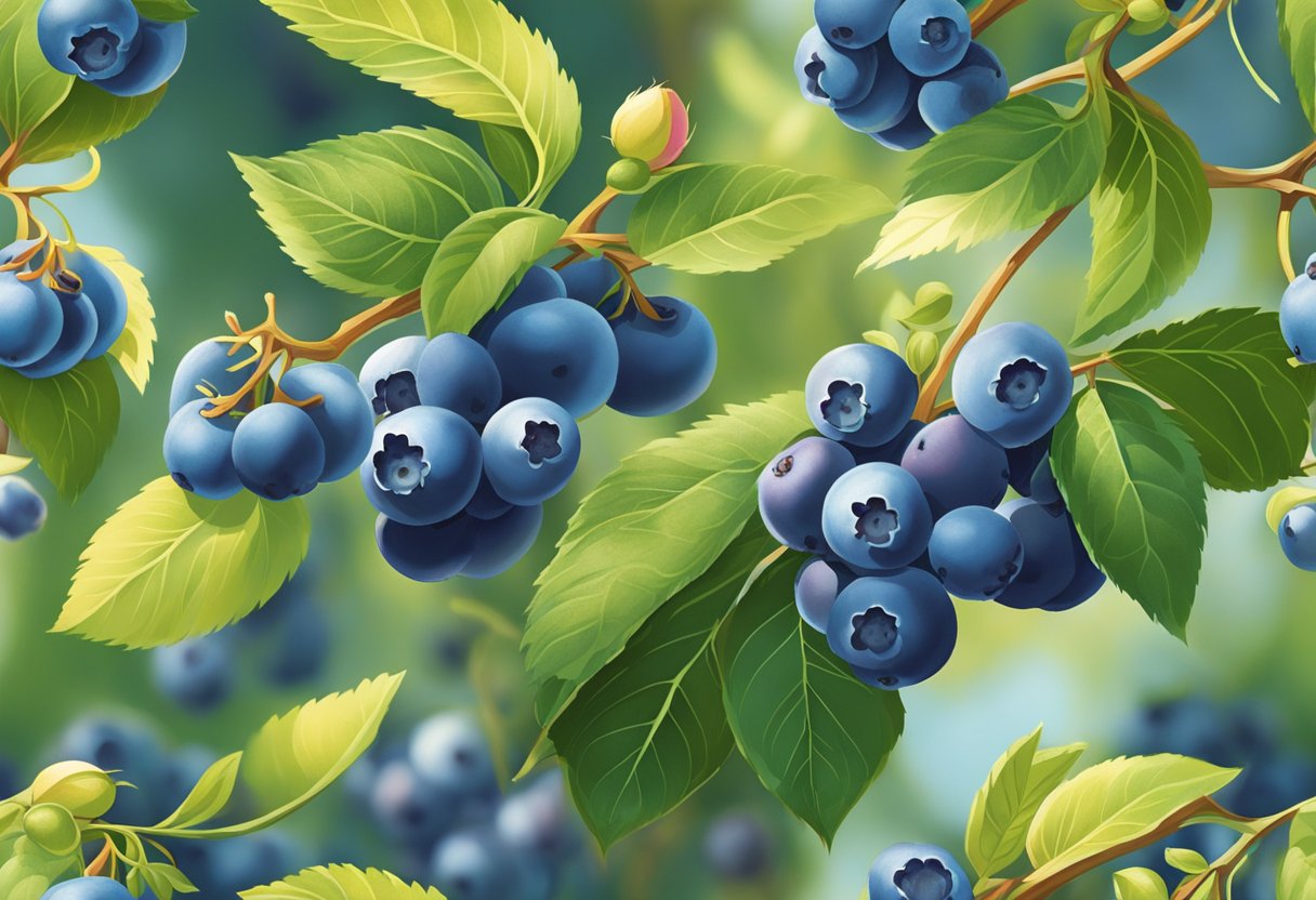 Lush blueberry bushes stretch across the sun-drenched field, ripe berries glistening in the warm summer light. The air is filled with the sweet aroma of fresh fruit, and the sound of birds chirping adds to the peaceful ambiance
