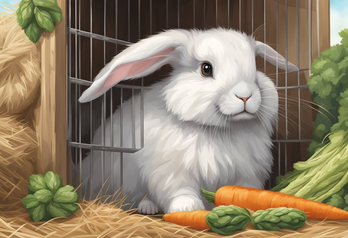 An angora bunny rabbit sits in a cozy, spacious cage with plenty of soft bedding and fresh hay. It nibbles on a pile of fresh vegetables and hops around playfully