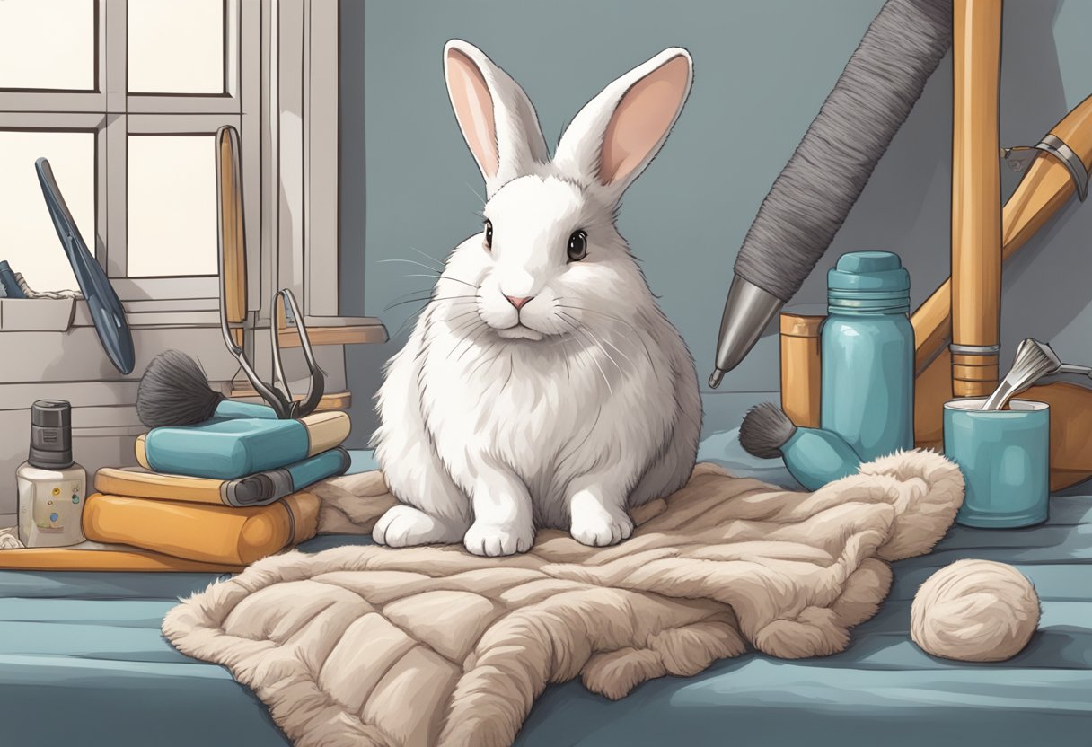 An angora bunny sits surrounded by grooming tools and cozy bedding, suggesting a high-maintenance pet