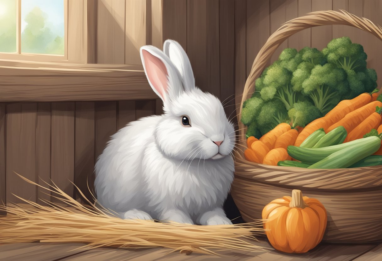 An angora bunny rabbit sits in a cozy hutch with a soft bed of hay, a water bottle, and a bowl of fresh vegetables