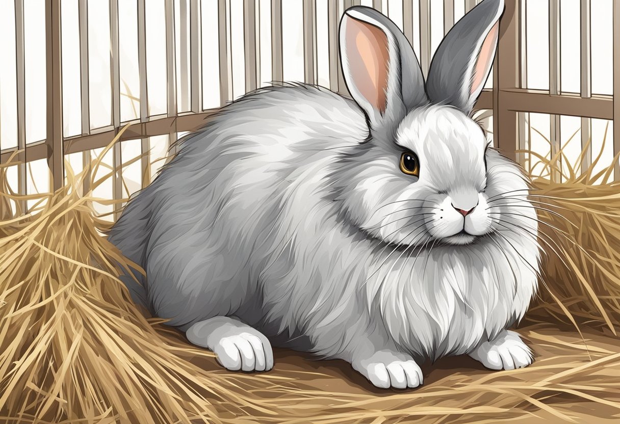 A long-haired rabbit sits in a spacious, clean cage with plenty of fresh hay and water. Its fur is well-groomed and free of tangles, and it appears content and well-cared for