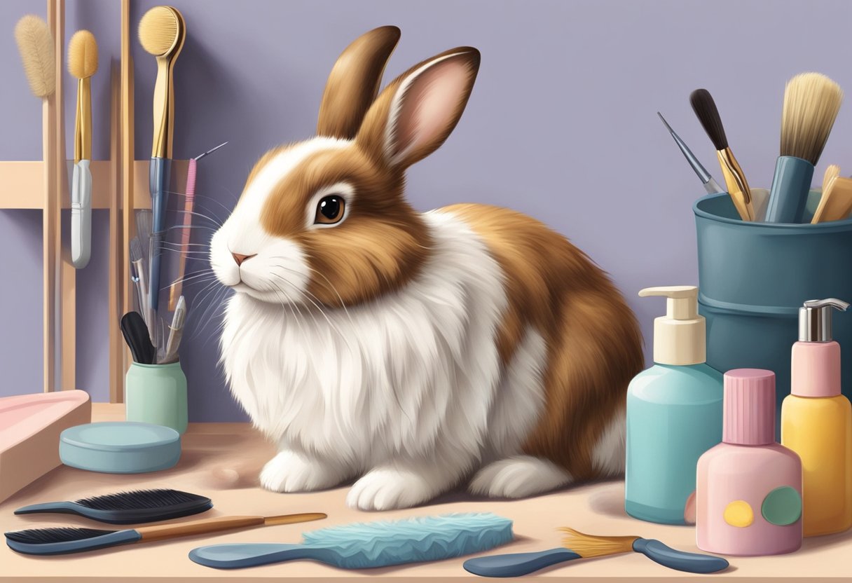 A long-haired rabbit sits on a bed of soft fur, surrounded by grooming tools and a gentle brush. The rabbit's fur is glossy and well-maintained, showcasing the care and attention given to its long coat