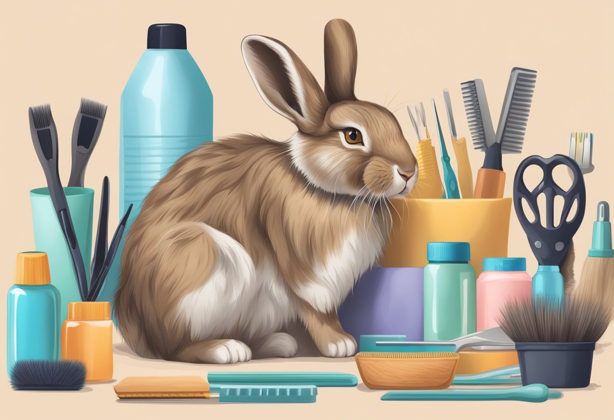 A long-haired rabbit sits calmly as its fur is gently brushed and groomed by a caring owner, surrounded by various grooming tools and supplies